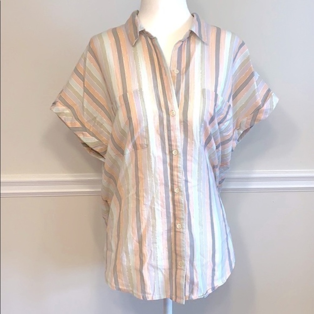 LUCKY BRAND Button Front Stripe Pastel Top L